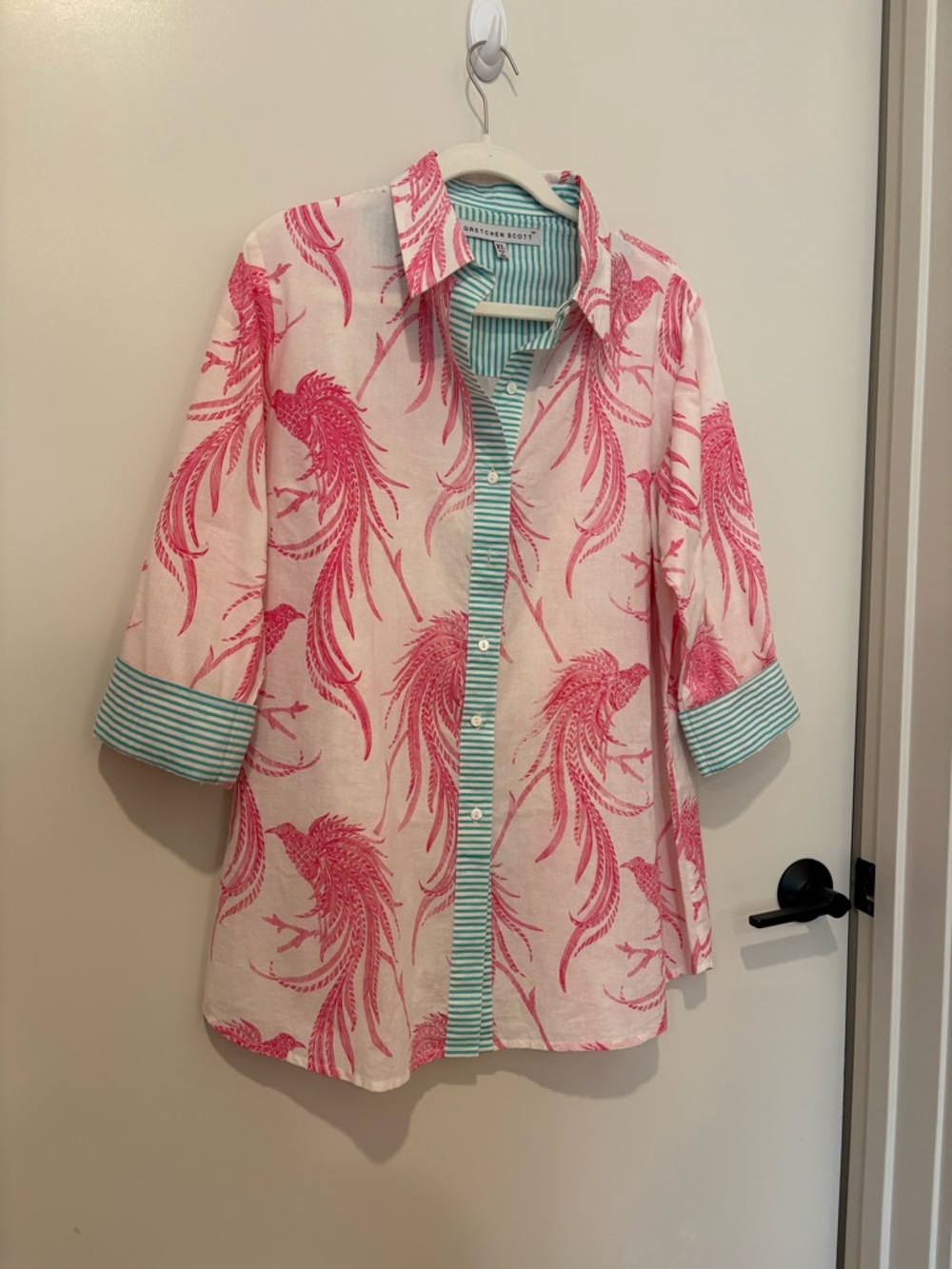 Gretchen Scott Pink Peacock Print Button Down Teal Stripe Trim Cotton Shirt XL